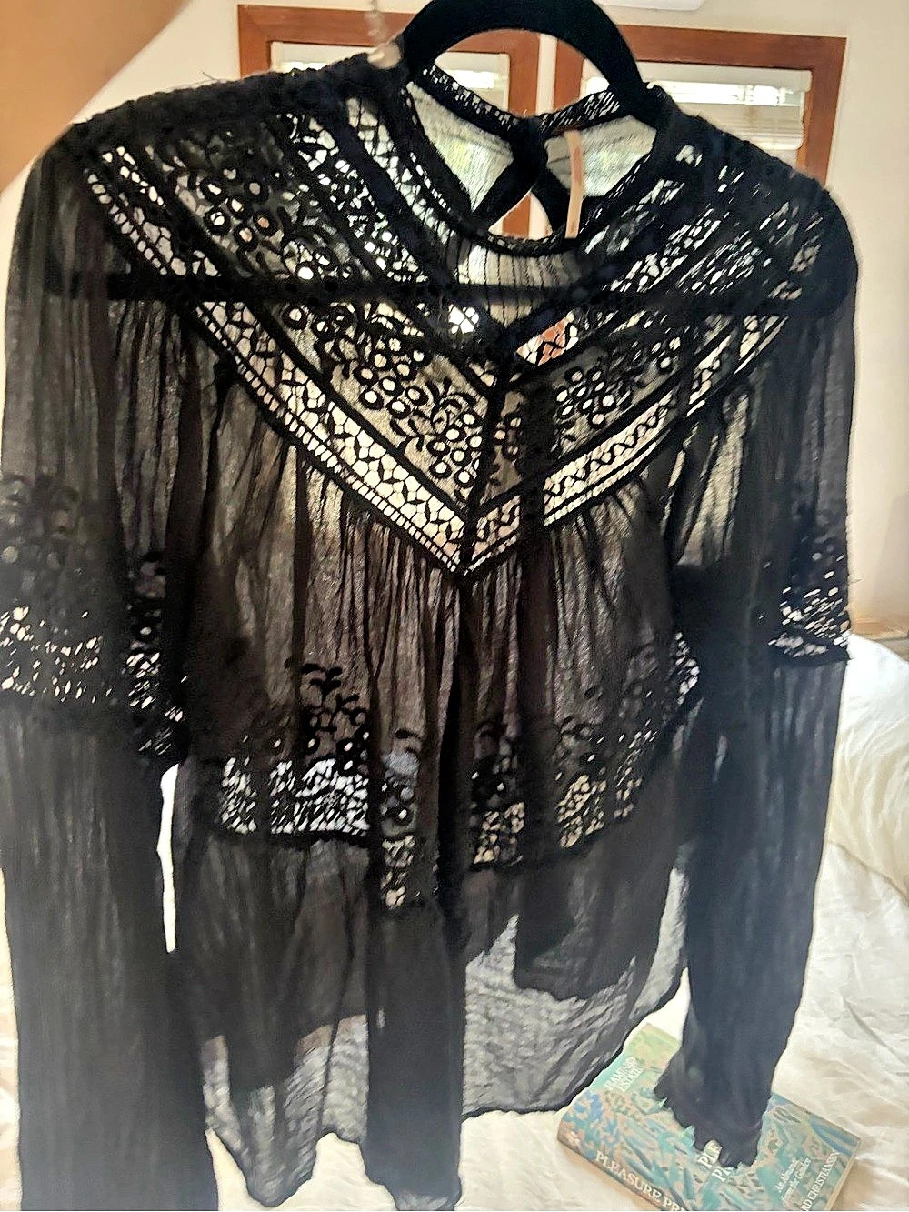 Free People Black Lace Long Sleeve Blouse size small